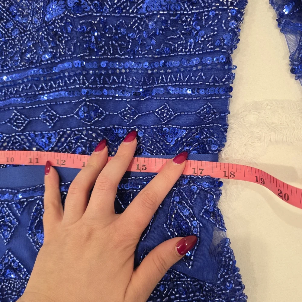 Serene Hill Beaded Elegant Blue Cape Sleeve Evening Gown - Size US 12 Large - Picture 12 of 17